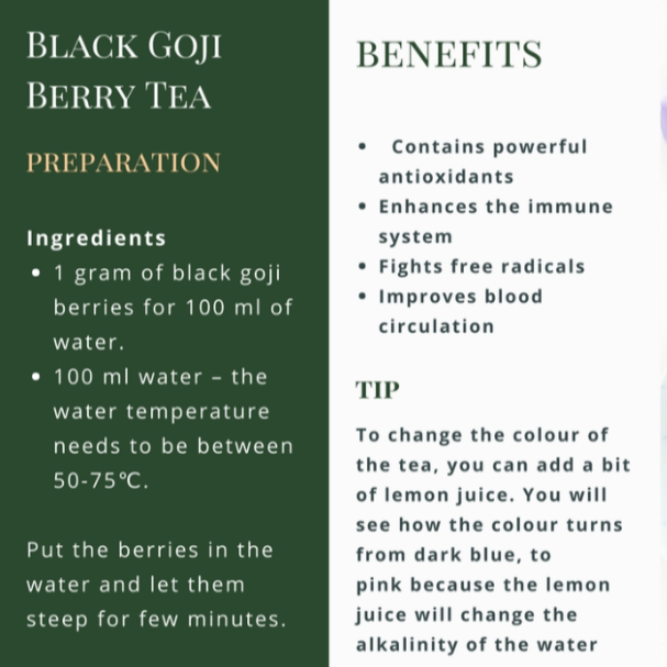 Black Goji Berry Tea preparation guide with a cup of tea and flowers on a white background