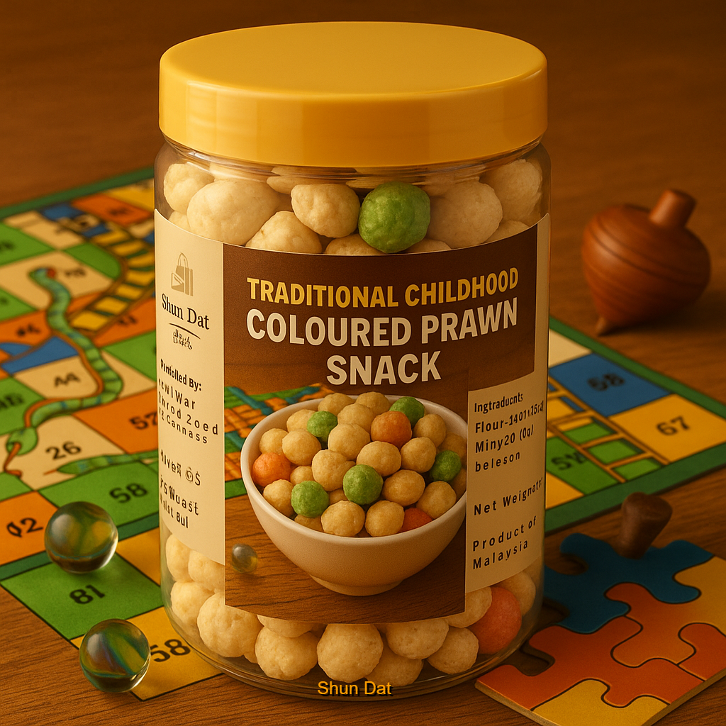 Traditional Childhood Coloured Prawn Snack and Product