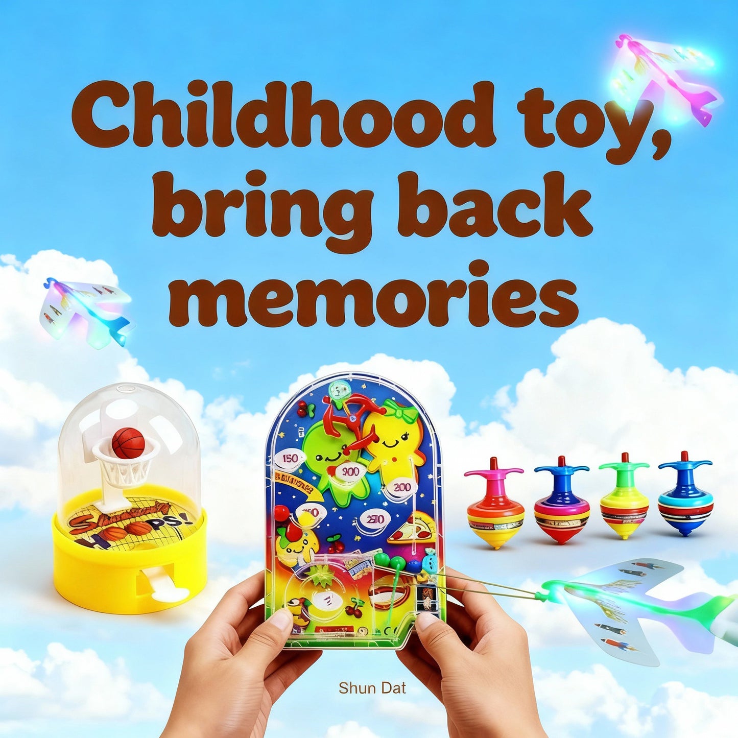 Childhood Toy Spinning Gyro, Pinball, Aeroplane with Light  and Mini Basketball