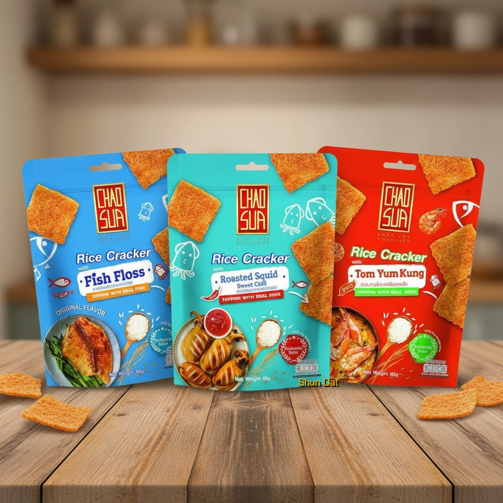 Chao Sua Rice Crackers With Fish Floss/Yom Yum Kung/ Roasted Squid and Products